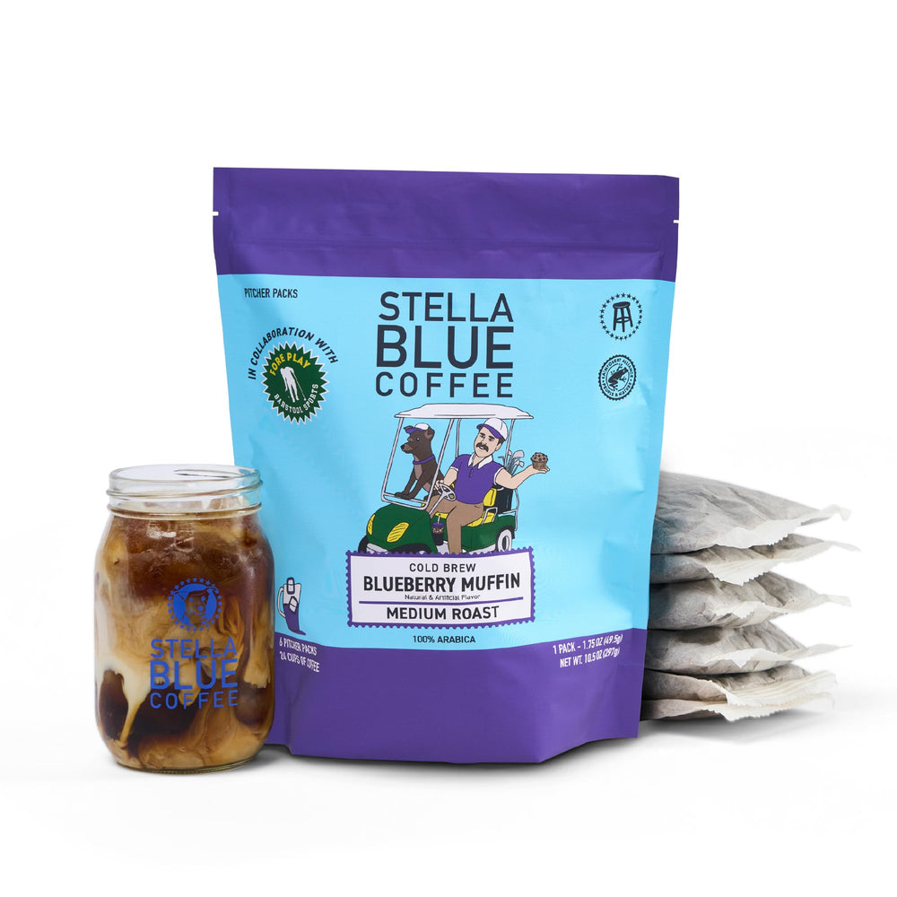 Stella Blue Blueberry Muffin cold brew bags ready to steep for a smooth morning.