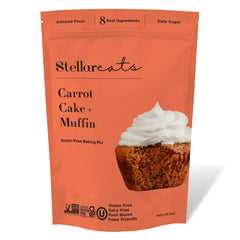 Stellar Eats carrot cake mix packaging shows gluten-free ingredients for clean baking.