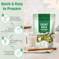 STELLAR Goat Milk Powder label closeup, highlights 100% grass-fed origin.