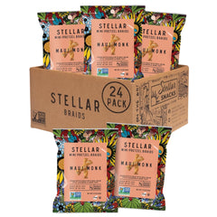 STELLAR SNACKS mini pretzel braids Maui Monk 24-pack showing a crisp vegan snack on the go.