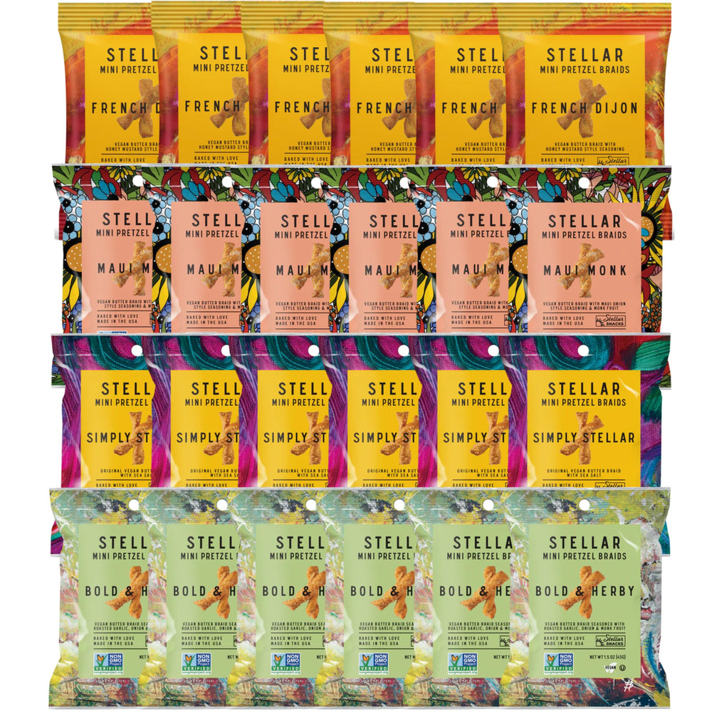 Stellar Snacks mini pretzel braids variety-pack outer view showcasing crisp braids