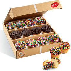 Stern’s Bakery mini cupcakes with rainbow sprinkles, ideal for birthday gifts and celebrations