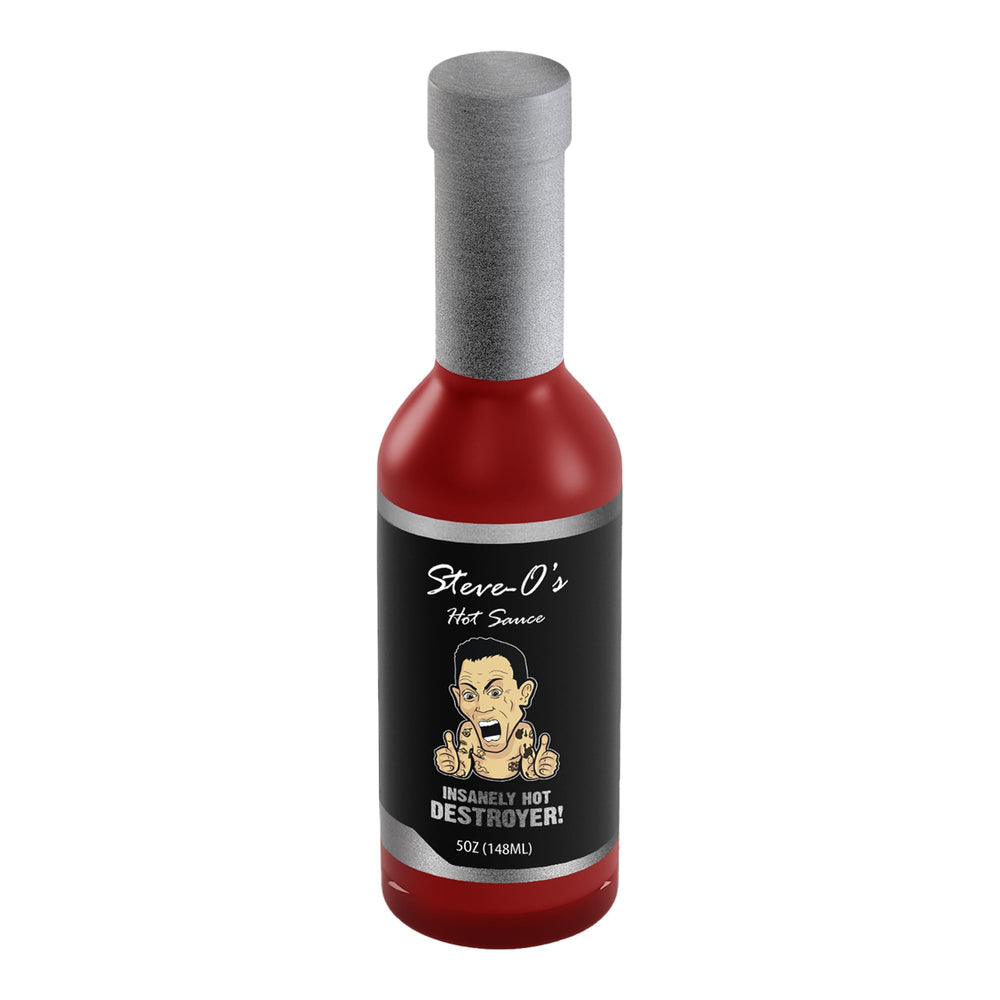 Steve-O's Destroyer hot sauce bottle front for bold heat and garlic flavor