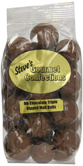 Steve's Gourmet Confections malt balls packaging highlights premium quality and freshness.