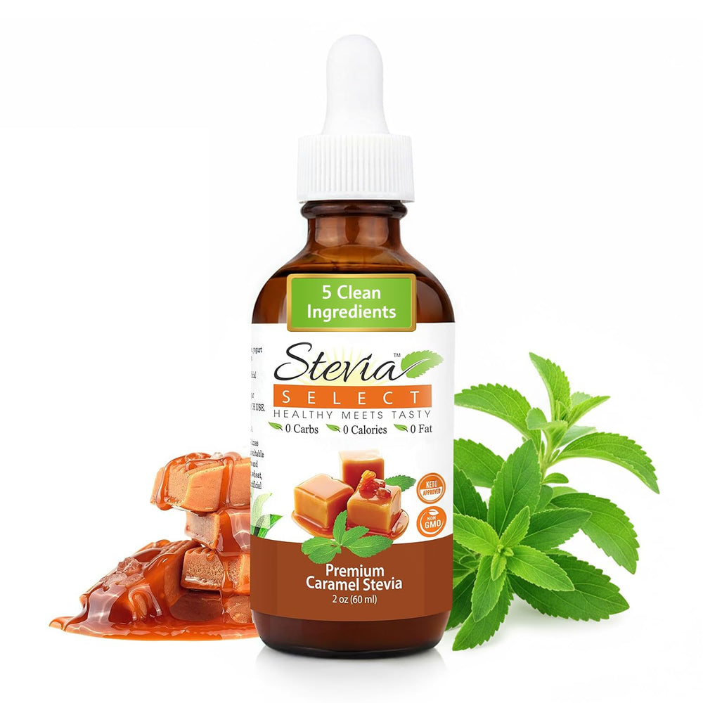 Stevia Select caramel liquid stevia bottle showcases zero-calorie sweetness for daily drinks.