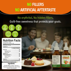 Precision dropper releasing Stevia Select liquid for controlled sweetness.