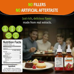 Stevia Select Raspberry liquid drops being dispensed with precision dropper