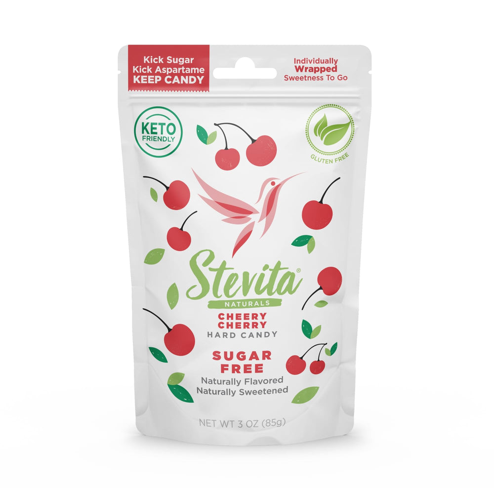 Stevita Cheery Cherry hard candy bag shows sugar-free indulgence on the go.