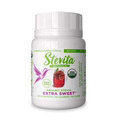 Stevita Organic Stevia Extra Sweet jar shows premium, sugar-free sweetness for daily use