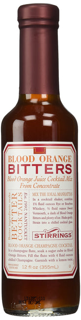 Stirrings Blood Orange Bitters bottle front shows a versatile, alcohol-free flavor base for cocktails.