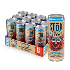 STOK Vanilla Cream Cold Brew can front view for a convenient caffeine boost.