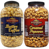 Stonehedge Farms caramel popcorn tub—glossy glaze, ideal for family snacking.