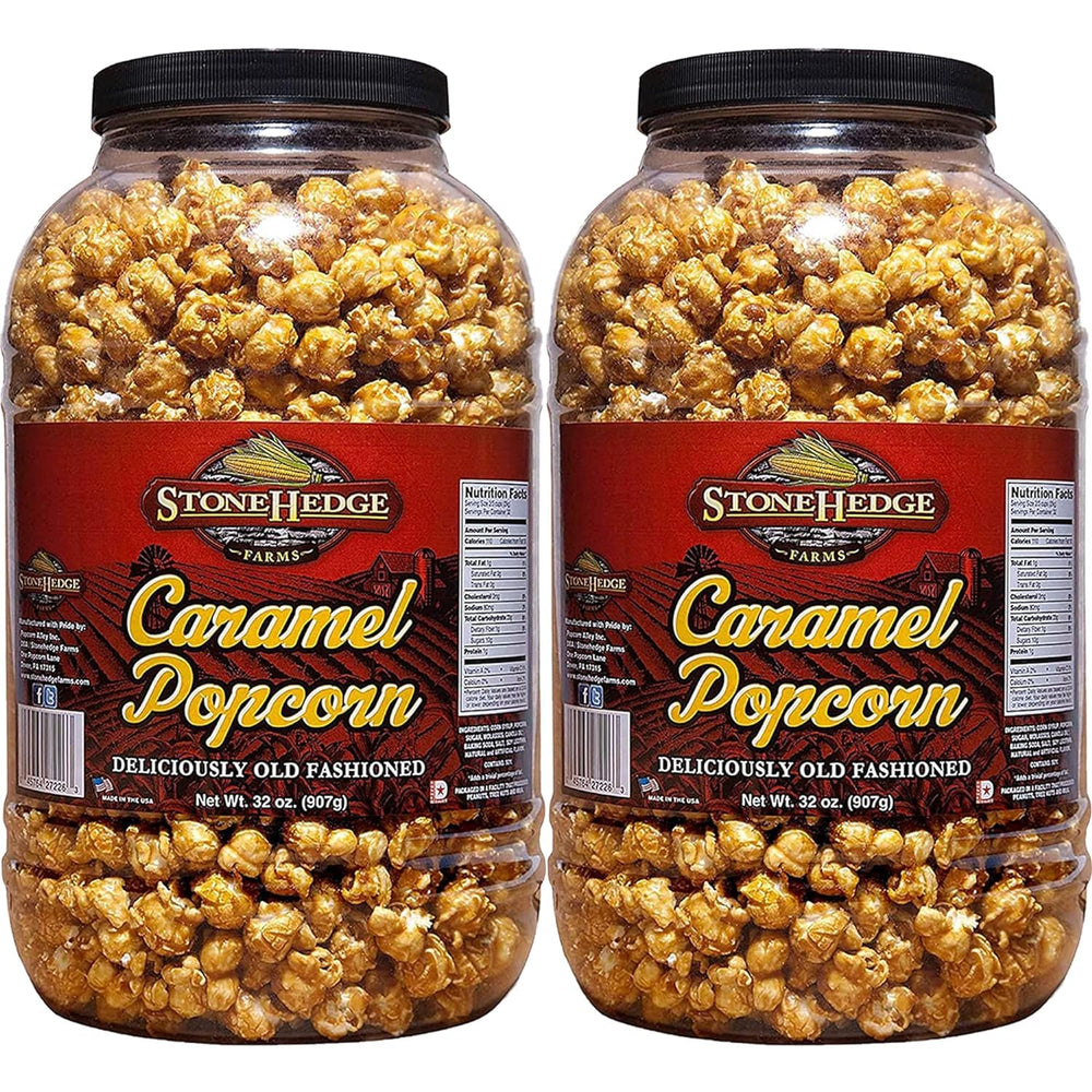 Stonehedge Farms caramel popcorn tub closeup with buttery coating and crisp texture for sharing
