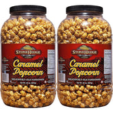Stonehedge Farms caramel popcorn tub closeup with buttery coating and crisp texture for sharing