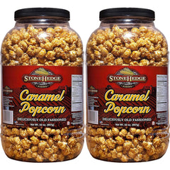 Stonehedge Farms caramel popcorn tub closeup with buttery coating and crisp texture for sharing