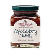 Stonewall Kitchen Apple Cranberry Chutney jar with ripe apples and cranberries