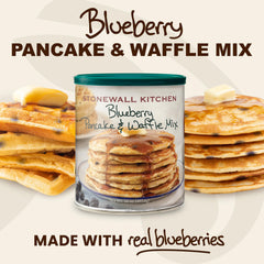 Stonewall Kitchen Blueberry Pancake Mix dry ingredients close-up ready to whisk.