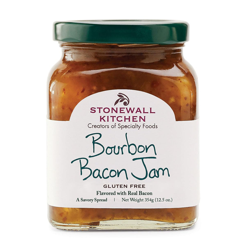 Stonewall Kitchen Bourbon Bacon Jam bottle showing bacon bits for a savory glaze