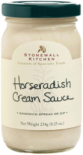Stonewall Kitchen Horseradish Cream Sauce bottle—8.25 oz, great for roast beef sandwiches.