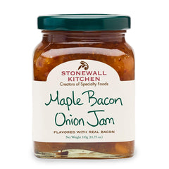 Stonewall Kitchen Maple Bacon Onion Jam bottle pour, glossy savory glaze for burgers