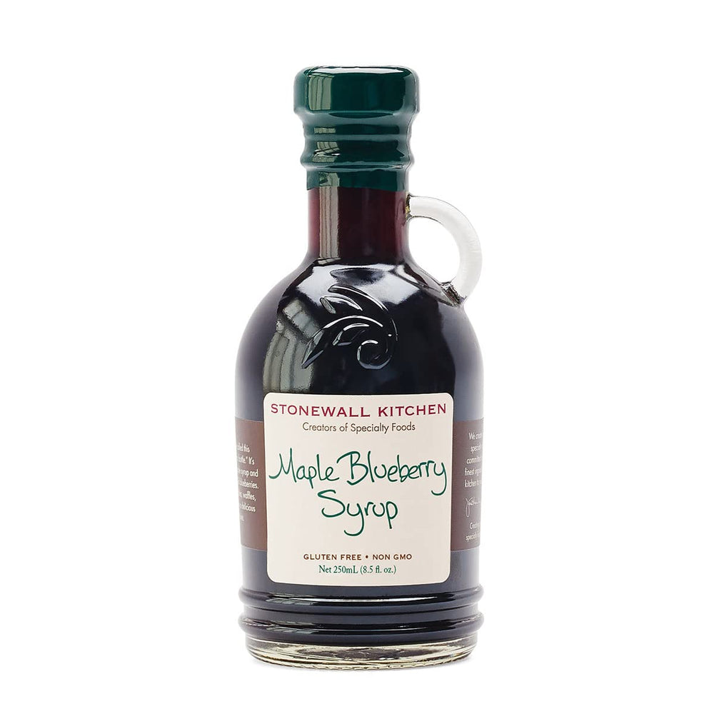 Stonewall Kitchen Maple Blueberry Syrup bottle highlighting rich maple and wild blueberries.
