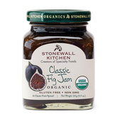 Stonewall Kitchen Organic Classic Fig Jam jar on a clean label, signaling premium ingredients.