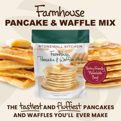 Stonewall Kitchen fluffy pancake stack ready to serve with maple syrup.