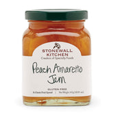 Stonewall Kitchen Peach Amaretto Jam jar showing ripe peaches and almond notes for toasts