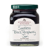 Stonewall Kitchen seedless black raspberry jam jar front highlights vibrant flavor for toast