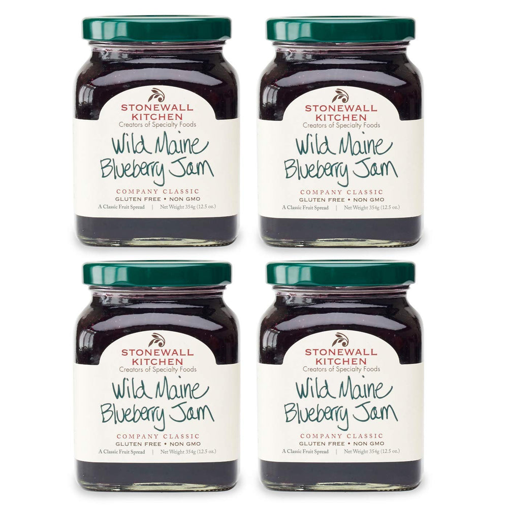 Stonewall Kitchen Wild Maine Blueberry Jam 4-pack jar closeup for pantry-ready flavor.