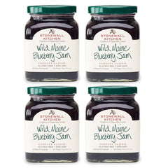 Stonewall Kitchen Wild Maine Blueberry Jam 4-pack jar closeup for pantry-ready flavor.