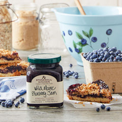 Stonewall Kitchen Wild Maine Blueberry Jam glass jar on display.