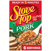 Stove Top Pork Stuffing Mix box front, ready-to-use seasoning for quick meals.