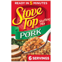 Stove Top Pork Stuffing Mix box front, ready-to-use seasoning for quick meals.