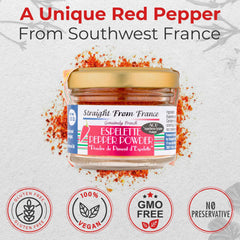 Close-up texture of Straight from France Espelette Pepper Powder shows fine grind and vibrant color.