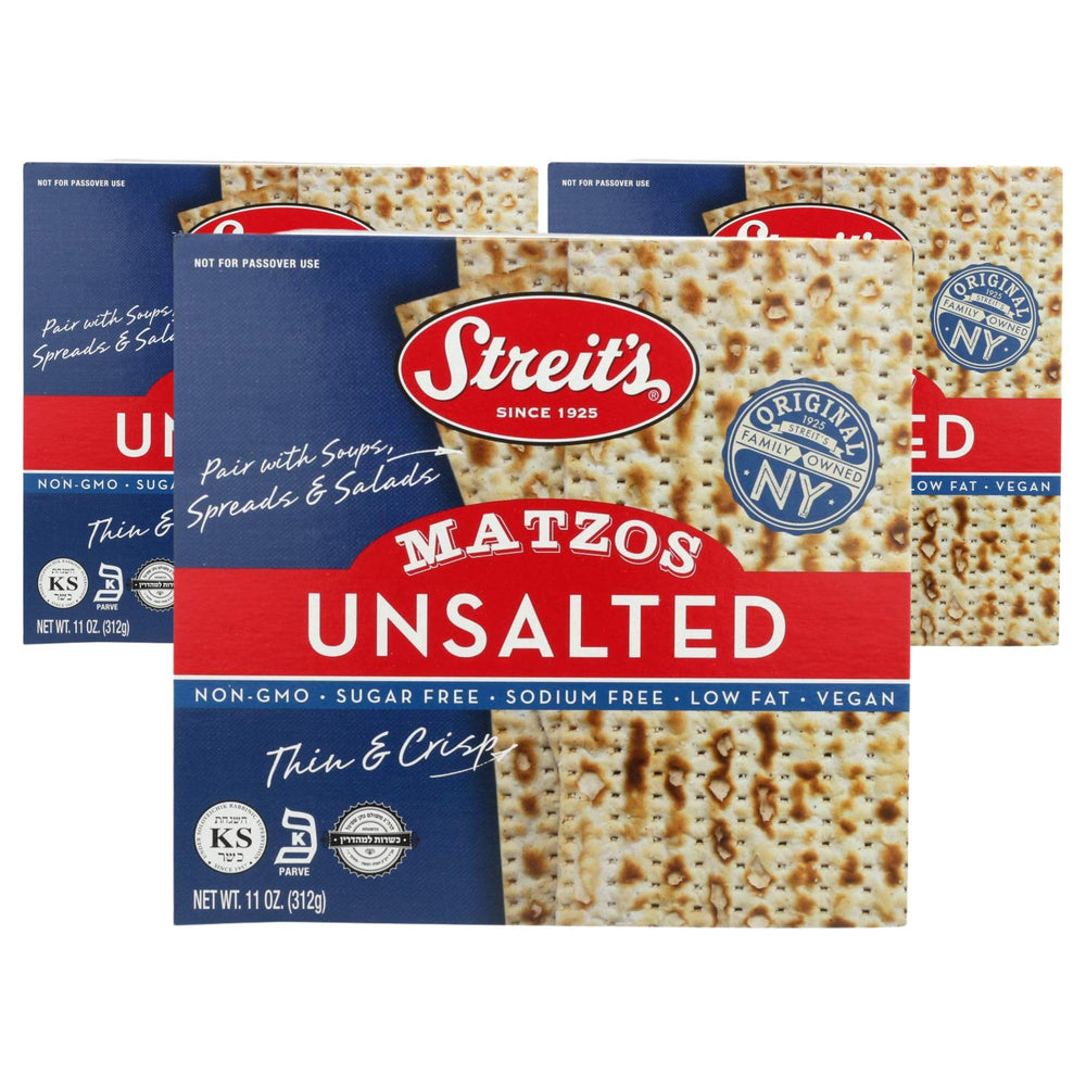 Streit's Unsalted Matzo pack of 3, thin and crisp, ideal as a neutral base for toppings.