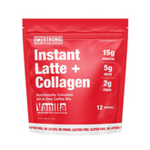 Strong Coffee Company Vanilla Instant Latte bottle with creamy aroma for a quick energy boost.