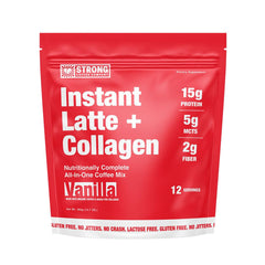 Strong Coffee Company Vanilla Instant Latte bottle with creamy aroma for a quick energy boost.