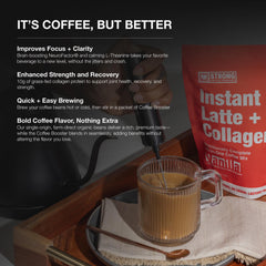 Strong Coffee Company Vanilla Instant Latte closeup ingredients highlight collagen and nootropic blend.