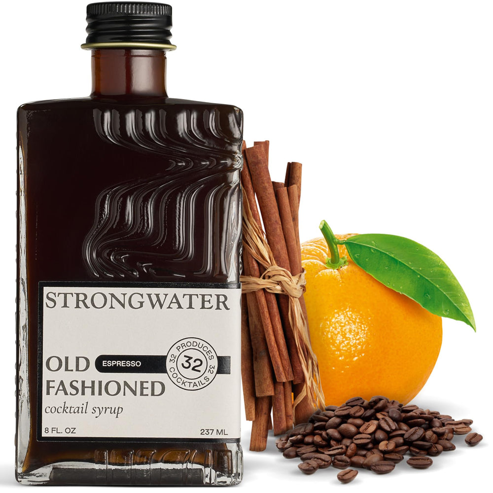 Strongwater Espresso Old Fashioned Mixer bottle pour highlights premium cocktail prep.