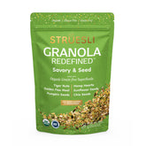 Struesli Savory + Seed Granola bag showing organic, grain-free snack for on-the-go.