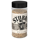 Stubb’s Black Pepper & Smoke Rub bottle on counter ready for seasoning.