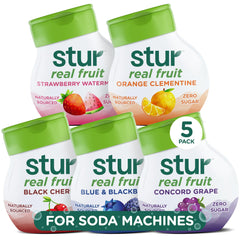 Stur Soda Machine Variety Pack five-bottle packshot showing zero-calorie flavor options for on-the-go hydration.