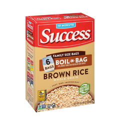 Success Boil-in-Bag Brown Rice packaging for quick, mess-free meals.