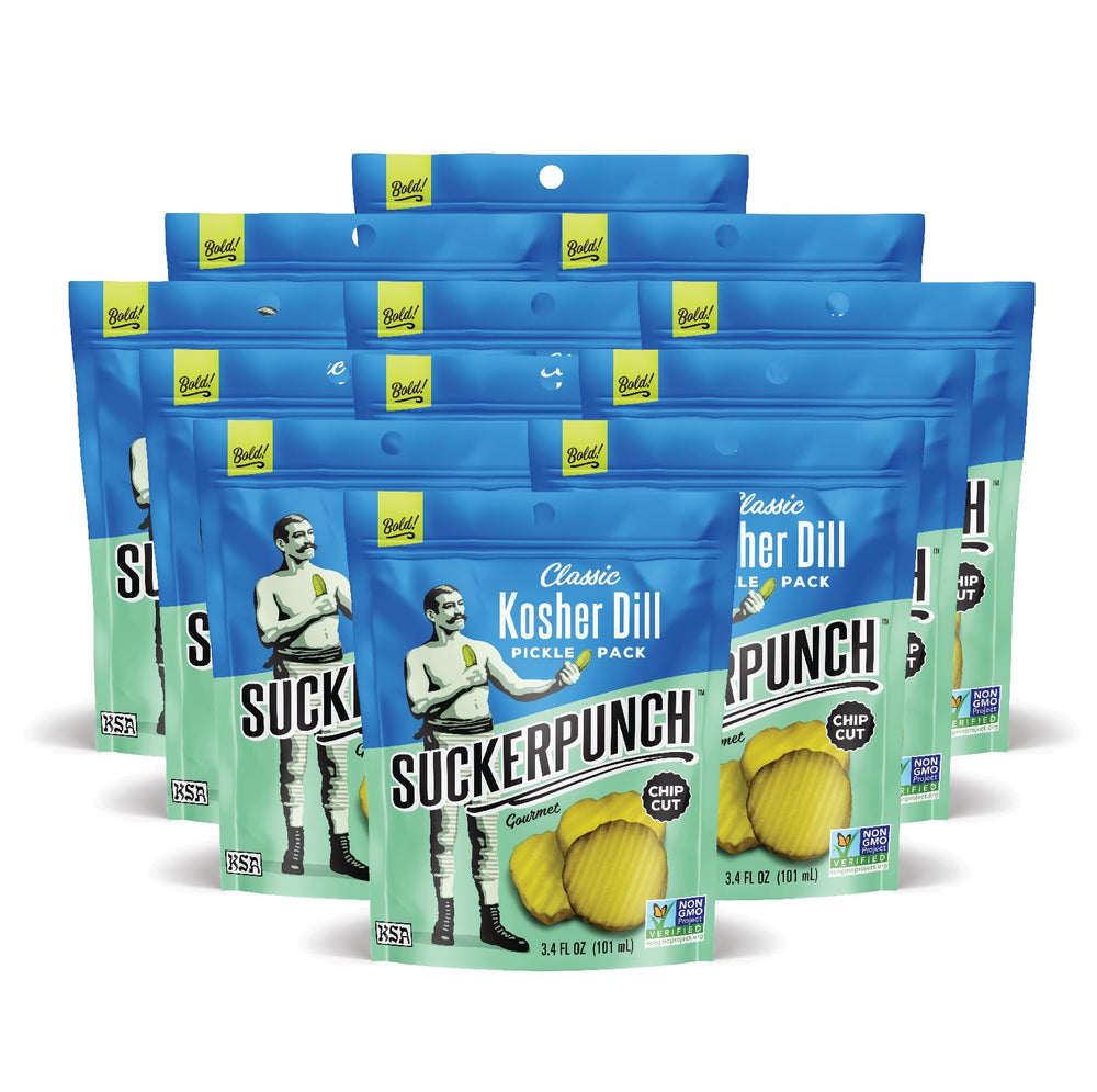 SuckerPunch classic dill pickle chips 12-pack, a convenient on-the-go snack.
