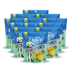 SuckerPunch classic dill pickle chips 12-pack, a convenient on-the-go snack.