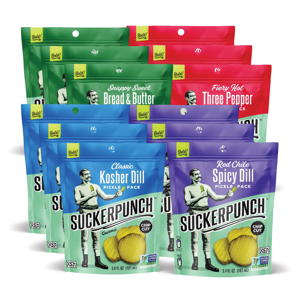 SuckerPunch pickles in a pouch four-flavor variety for on-the-go snacking.