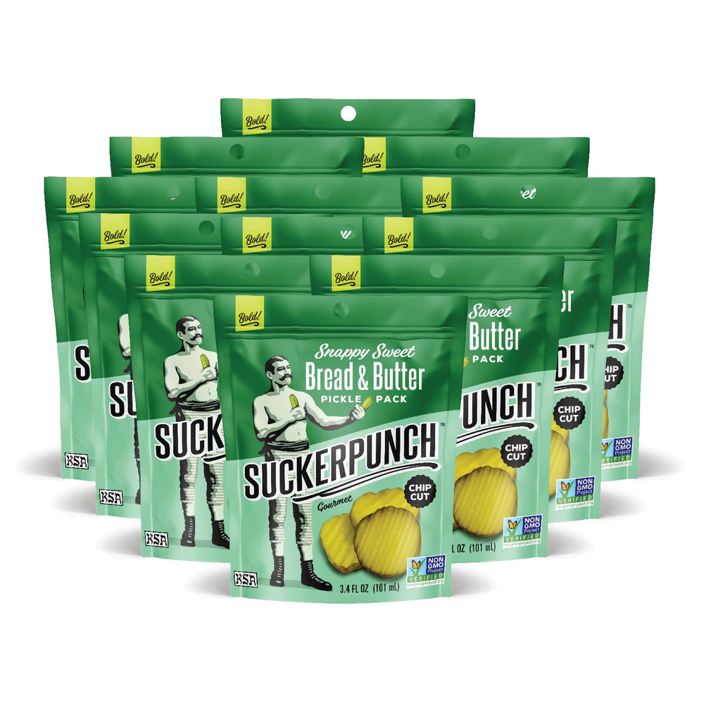 SuckerPunch Snappy Sweet bread-n-butter dill pickles chip-cut front view, ideal on-the-go snack