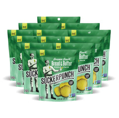 SuckerPunch Snappy Sweet bread-n-butter dill pickles chip-cut front view, ideal on-the-go snack
