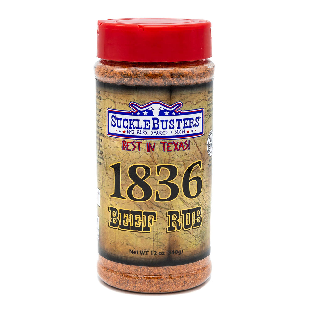 SuckleBusters 1836 Beef Rub bottle showing peppery Texas flavor for beef